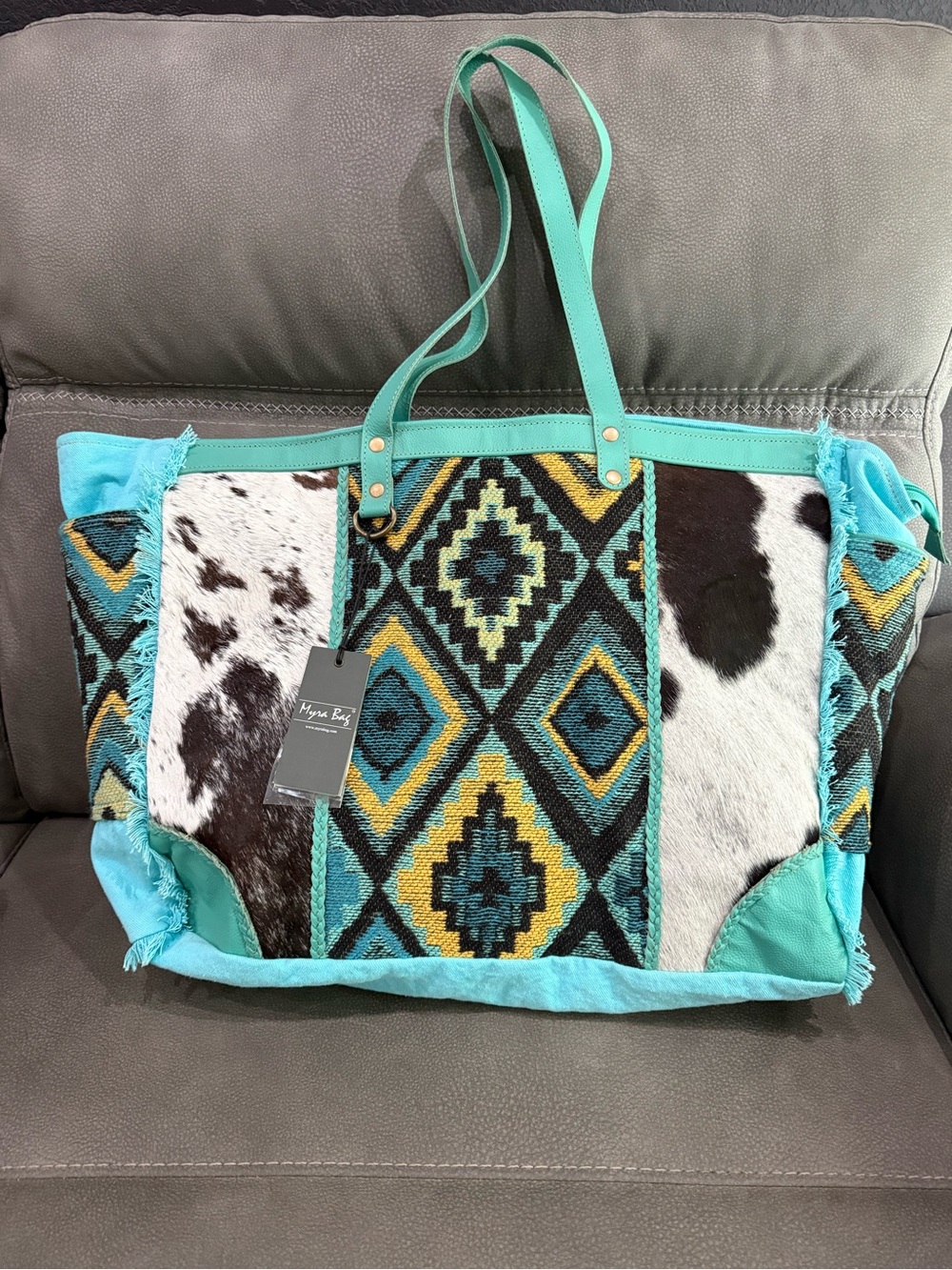 Myra Bag Turquoise weekender Tote with Cowhide Panels** retired print!